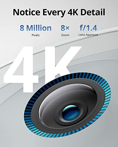 4K camera lens with 8 million pixels, 8x zoom, and f/1.4 aperture.