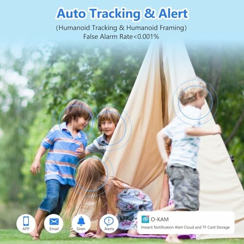 Children playing near a tent with auto tracking alert feature highlighted.