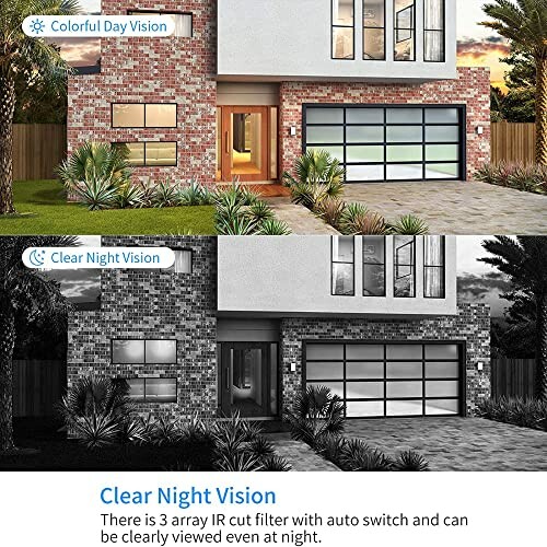 Comparison of colorful day vision and clear night vision of a house with security features.