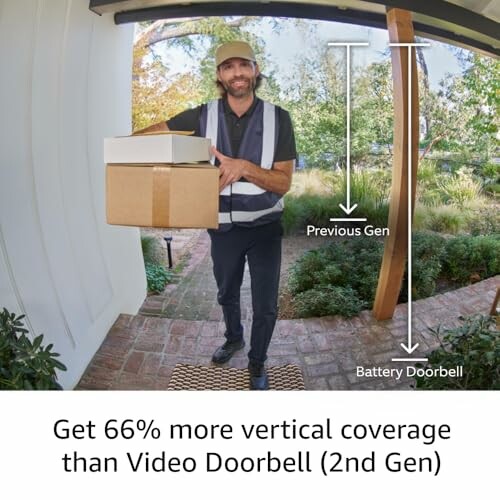 Delivery person with packages comparing doorbell coverage in a garden setting.