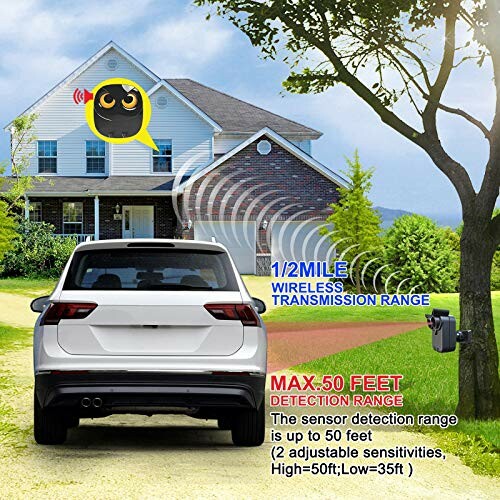 Driveway alert system with car and house, showing sensor range.