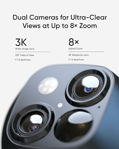 Smartphone dual cameras with wide-angle and telephoto lenses, featuring 3K and 8x zoom.