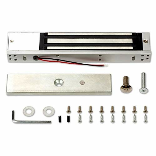 Electromagnetic lock kit with components including screws and hex key.