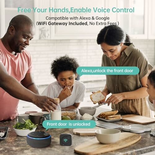 Family using voice control with smart home devices in kitchen.