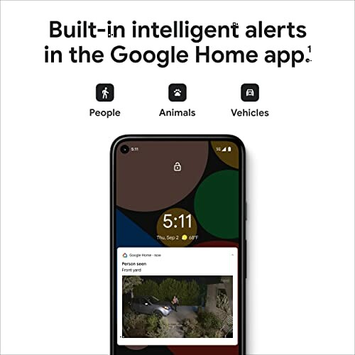 Google Home app screen showing built-in intelligent alerts for people, animals, and vehicles.