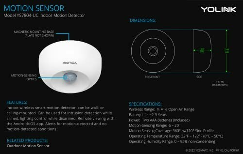 Indoor motion sensor with dimensions and specifications.