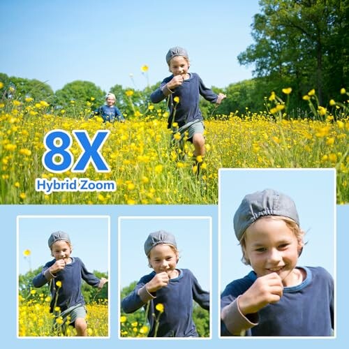 Children running through a field with hybrid zoom effect.