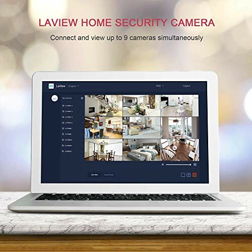 Laptop displaying LaView home security camera interface with multiple camera feeds.