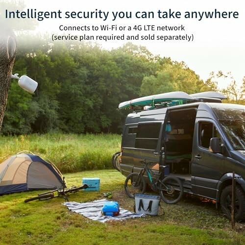 Mobile security camera setup at a campsite with a van and tent.