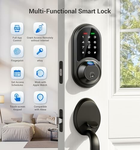 Smart lock on door with features like app control and Alexa compatibility.