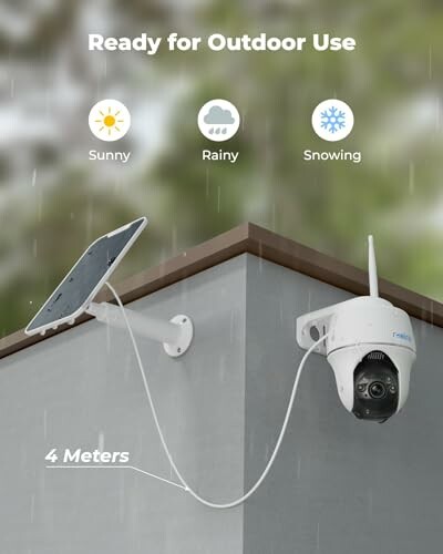 Outdoor security camera with solar panel on building corner.