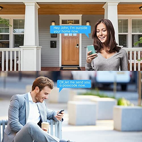 Two people texting, woman outside home, man seated with phone.