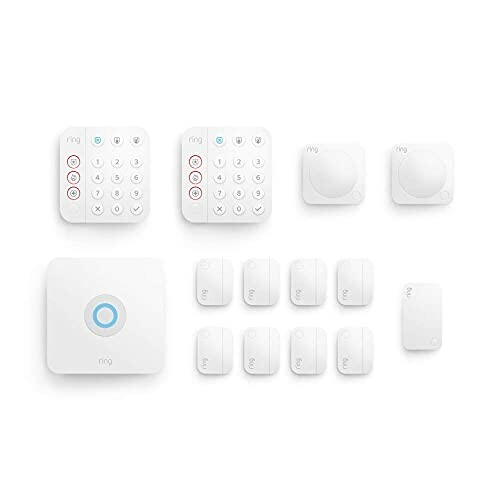 Ring home security system components including keypads, sensors, and base station.