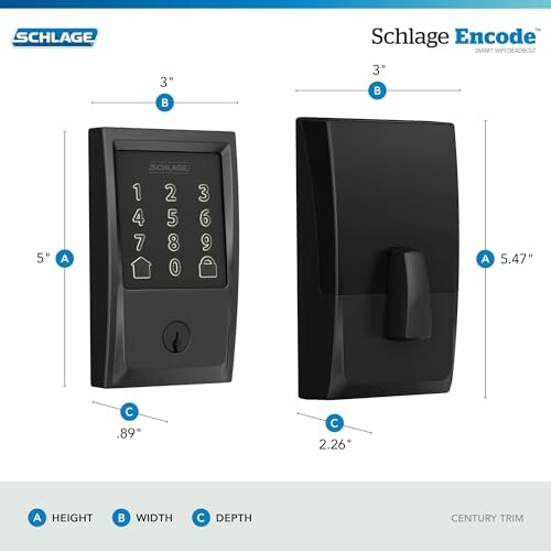 Schlage Encode smart lock with dimensions and Century trim.