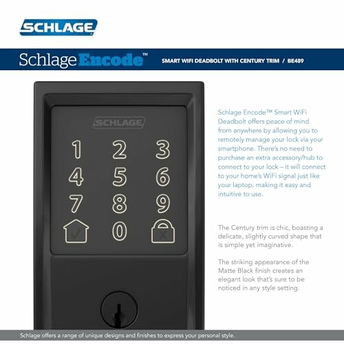 Schlage Encode smart WiFi deadbolt with keypad and Century trim.