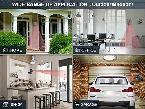 Collage showing security camera applications in home, office, shop, and garage.