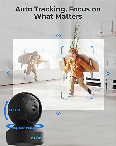 Security camera with auto tracking feature focusing on a child playing indoors.