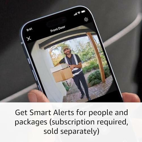 Smartphone displaying a doorbell camera feed of a delivery person with a package.