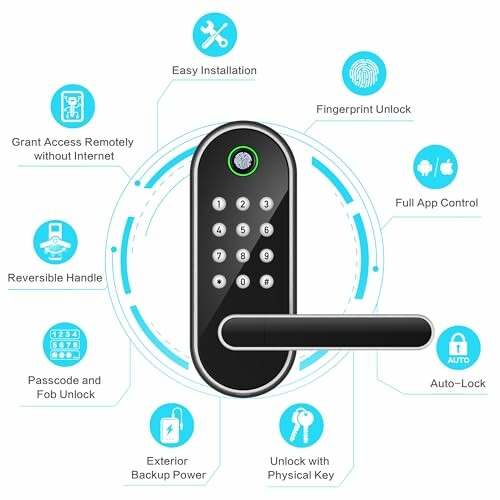 Smart door lock with fingerprint, keypad, and app control features.