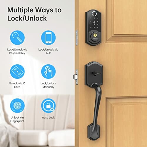 Smart door lock with multiple unlocking methods including key, app, IC card, manual, fingerprint, and auto lock.