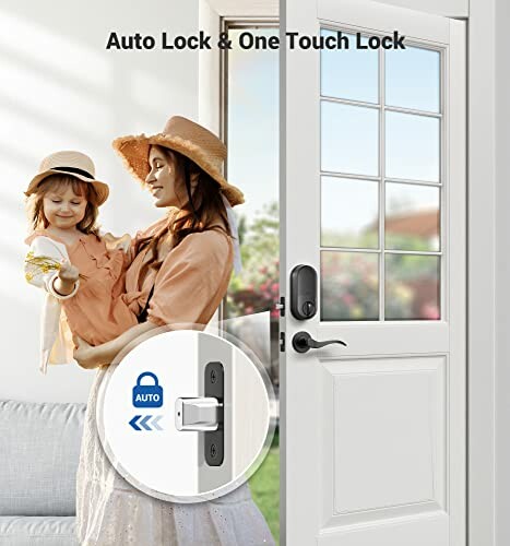 Woman holding child near door with smart lock feature displayed.