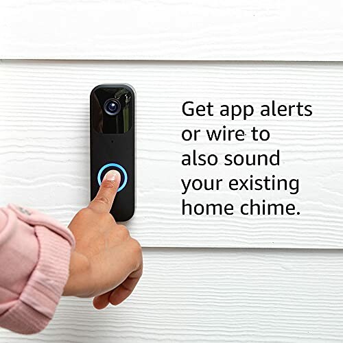 Person pressing smart doorbell with app alert feature.