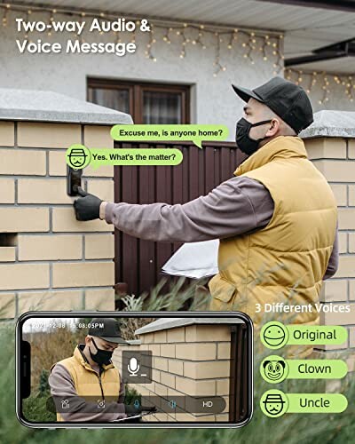 Person using a smart doorbell with two-way audio and voice message features