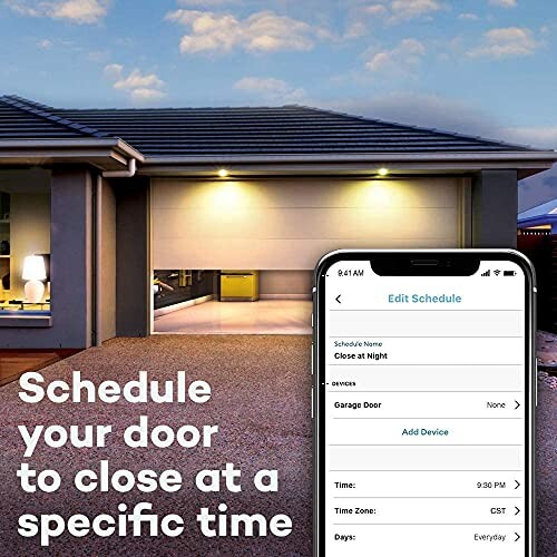 Smartphone displaying garage door scheduling app in front of a house.