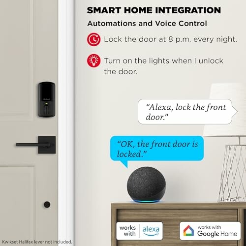 Smart home automation with voice control for locking doors and turning on lights.