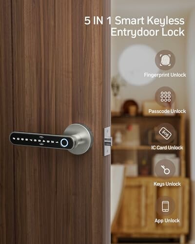 5-in-1 smart keyless entry door lock with fingerprint, passcode, IC card, keys, and app unlock features.