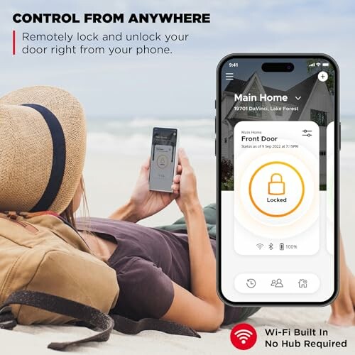 Person using smartphone app to control smart lock on beach