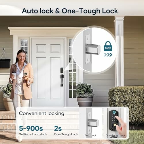 Woman using smart lock on front door with auto lock and one-touch lock features.