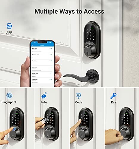 Smart lock with multiple access methods including app, fingerprint, fobs, code, and key.