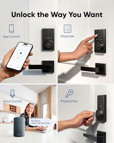 Various ways to unlock a smart lock including app, passcode, voice control, and key.