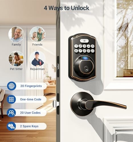 Smart lock on a door with options for unlocking via fingerprint, codes, user codes, and spare keys.