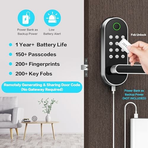 Smart lock with keypad, fob unlock, and power bank backup.