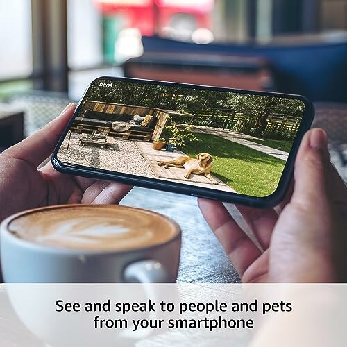 Person holding smartphone showing video of dog, with a cup of coffee nearby.