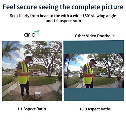 Comparison of Arlo and other video doorbells showing wider 180-degree view with 1:1 aspect ratio.