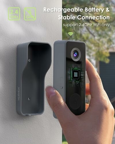 Hand holding a wireless doorbell camera with rechargeable battery and stable 2.4GHz WiFi connection.