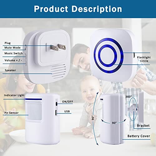 Wireless doorbell components with features labeled, including plug, speaker, flashlight circle, and more.