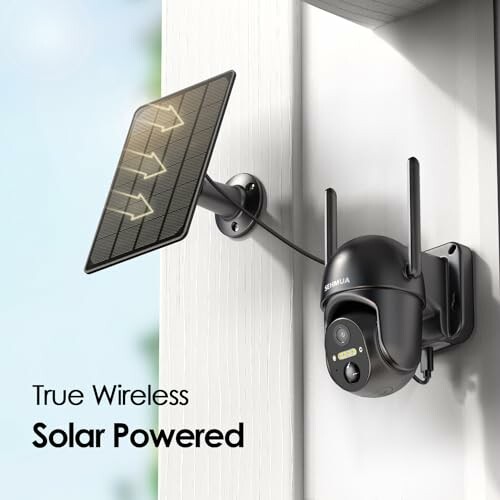 Wireless solar-powered security camera mounted on a wall