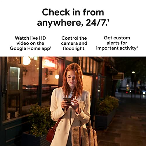 Woman checking phone outside at night with security features listed above.